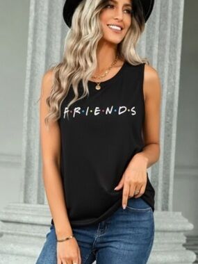 Friends TV Show Graphic Tank Top Black Sleeveless Rayon Blend Large